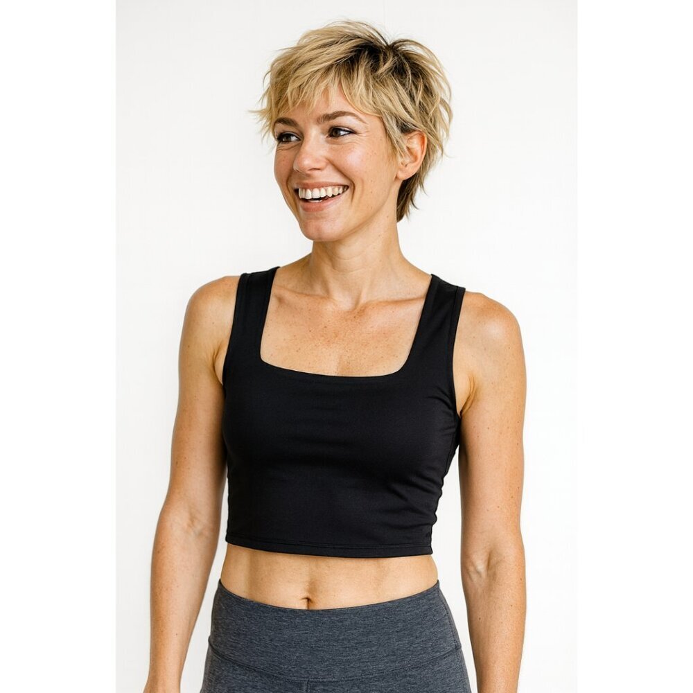Women’s Square Neck Sleeveless Double-Layer Crop Tank Top–Size L – Black – NWOT